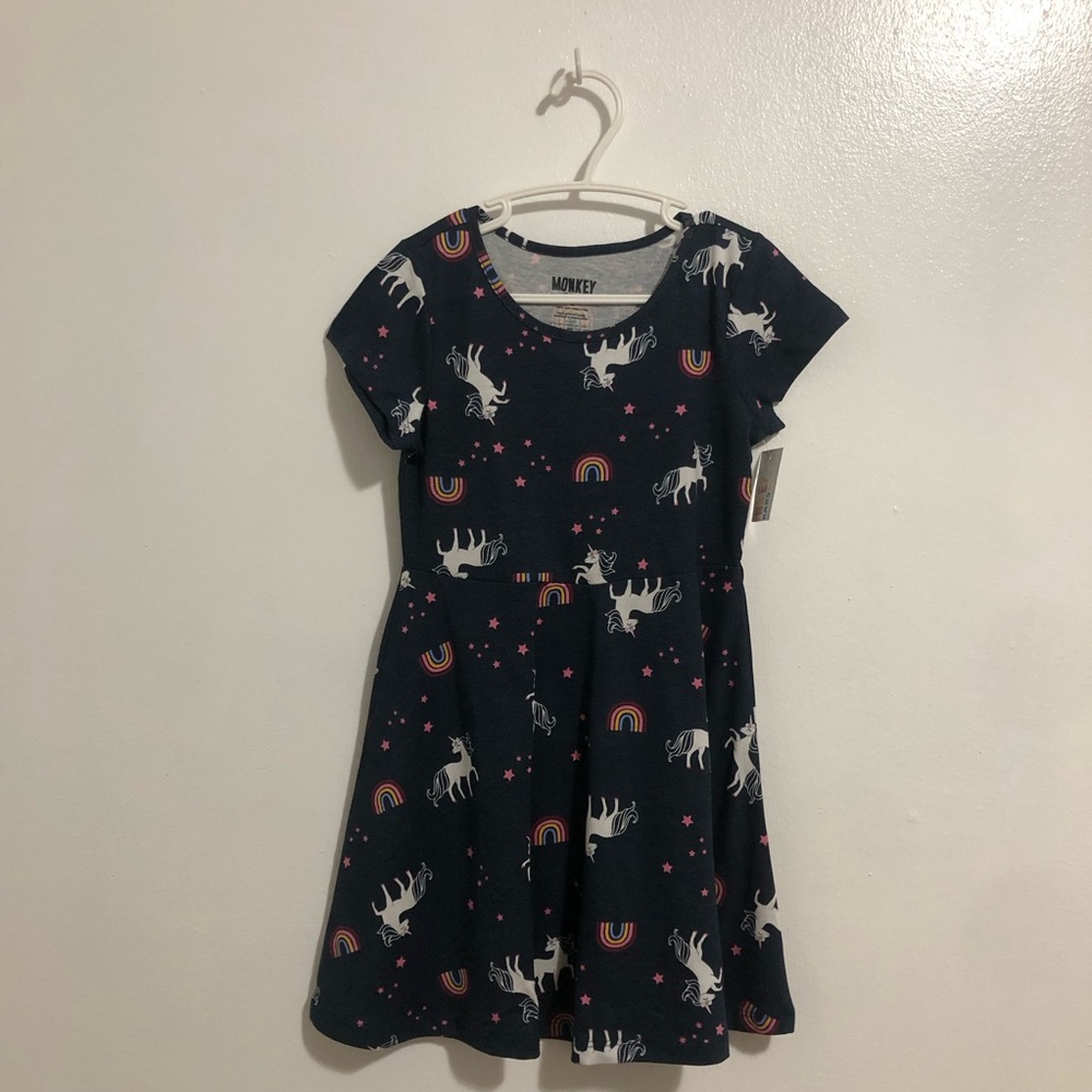 Girls' Navy Unicorn & Rainbow Print Casual Dress